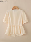 2025 ZANZEA Elegant Puff Sleeve Work Blouses Women Summer Shirts Square Neck Stylish Solid Buttons Tunic Tops Waisted OL Blusas