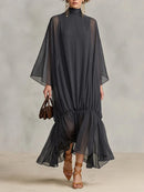 Elegant Women Sheer Chiffon Maxi Dress Turtleneck Batwing Sleeve Loose Flowy Ruffle Long Dress Casual Holiday Party Dresses