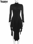 Nsauye Casual Women Pullover Turtleneck Black Elegant Long Sleeve Midi Dress Ruffles Sexy Party Evening Night Club Dress 2026