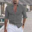 New Men's Shirt Cotton linen Casual Polo Neck Beach Shirt Long Sleeve Solid Hawaiian Holiday Shirts Streetwear