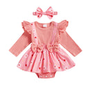 Adorable Toddler Girls Heart Print Romper Dress with Ruffles Long Sleeves and Matching Headband for Valentine s Day