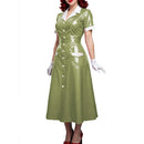 Elegant Women Midi Dress Shiny PVC Leather Turn-down Collar Patchwork Single-Breasted Long Dress Party Club  A-line Female Dress