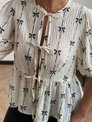 Plus Size Spring/Summer New Arrivals Romantic Holiday Bow-Pattern Puff Sleeve Tie-Front Blouse Casual Wear