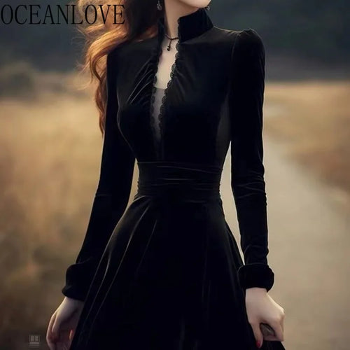 OCEANLOVE 秋冬季女式连衣裙 赫本风复古纯色黑色连衣裙 女士立领优雅长裙