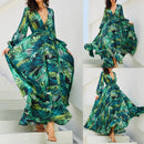 Women'S Temperament V-Neck Backless Dresses Summer Boho Green Leaf Print Maxi Dress For Beach Elegant Pleated Sundress Vestidos