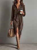 Retro Chic Women Midi Dress Corduroy Fabric Lapel Collar Popular Button Front Loose Fit Long Sleeve Comfy Casual Daily Outfit