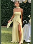 The Aurelian | Butter Yellow Mesh Strapless Pleated Evening Gown