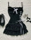 Solid color lace dress with bow decoration sweet casual Y2K top sexy street rock aesthetic retro punk Harajuku hop women's dress