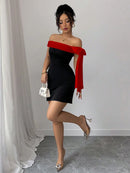 Women Off Shoulder Mini Dress Red Big Bow Spliced Bodycon Short Dresses Elegant Slim Fit Black Little Dress Night Club Party Birthday Outfits Evening Gown