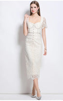 Luxury Crystal Chain Lace Formal Dress Women Summer Vacation Short Sleeve Single Breasted Bead Lace Pencil Long Dresses Evening