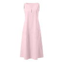 Breathable Summer Women Midi Dress Linen Blend Notch V Neck Dress Button Sleeveless Loose Fit Dresses Comfy Casual Beach Outfit