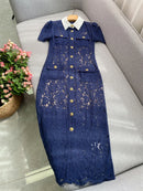 The Cobalt Lace | Floral Lace Patchwork Midi Dress with Retro Turn-Down Collar