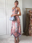 Chic Printed Women's Dress Halter Sleeveless Irregular Waist-Closed Lady Dresses 2026 Summer Chic Female Vacation Holiday Robe