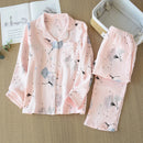 Spring New Ladies Pajamas Set Heart Printed Crepe Cotton Double-layer Gauze Turn-down Collar Long-sleeve Trousers Household Wear