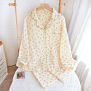 Spring New Ladies Pajamas Set Heart Printed Crepe Cotton Double-layer Gauze Turn-down Collar Long-sleeve Trousers Household Wear