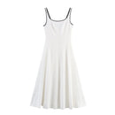 Women Midi Dress Female Casual Suspender Dress Color Contrasting Edge 2025 Summer Ladies Slim Square Collar Elegant Long Dresses
