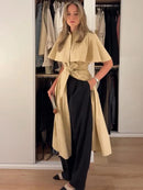 Women Trench Style Midi Dress Stand Collar Cape Overlay Short Sleeve Belted Waist A‑Line Dresses Autumn Elegant Office Outfits