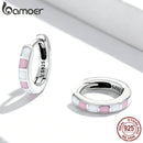 BAMOER 925 Sterling Silver Simple Check Fashion Ear Buckles for Women Light Pink & White Color Hoop Earrings Fine Jewelry Gift