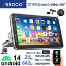 ESSGOO 10英寸安卓14 4+64G 无线Carplay车载音响 可旋转触摸屏 1 DIN GPS导航 蓝牙 FM RDS WIFI USB EQ SWC 麦克风