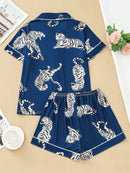 Tiger print pajama set button-down cardigan lapel short elastic waistband shorts women's loungewear