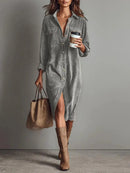 Retro Chic Women Midi Dress Corduroy Fabric Lapel Collar Popular Button Front Loose Fit Long Sleeve Comfy Casual Daily Outfit