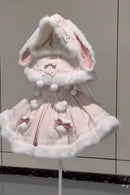 Japanese Lolita Two Pieces Set Women Sweet Patchwork Furry Slip Dress + Sweet Cute Rabbit's Ears Hooded Cape Coat JK Bow Suit