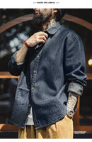 Maden Retro Loose Long-sleeved Denim Shirt Checkered Lapel Single-breasted Jacket for Men Spring and Fall Versatile Outerwear