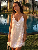 Fashion Women's Sequined Patchwork Slip Dress Solid V-neck High Waist Loose Sleeveless Mini Skirt 2026 Summer Sexy Party Dresses