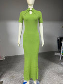 TARUXY Short Sleeve Knitted Long Dress Female Slim Hollow Retro Elegant Sweater Dress 2025 Summer New High Waist Women‘s Dress