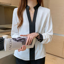 2023新款白色长袖雪纺女式衬衫春季休闲V领女式纯色上衣套头衫Blusas 11189