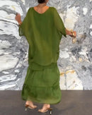 Female Elegant Floral Print Chiffon Boho Long Dress Spring Round Neck Women Pullover Dress Half Bat Sleeve Cake Skirt Dress