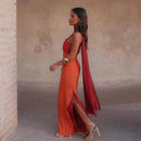 Color Blocking Scarf Collar Sling Dress Sexy Waist Cinching Chic Split Bodycon Maxi Dresses 2026 Lady Club Party Vestido