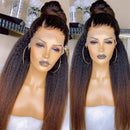 Natural Hairline 200 Density Ombre Brown Yaki Human Hair Kinky Straight Lace Front Wig for Women Baby Hair Pre Plucked Glueless
