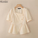 2025 ZANZEA Elegant Puff Sleeve Work Blouses Women Summer Shirts Square Neck Stylish Solid Buttons Tunic Tops Waisted OL Blusas