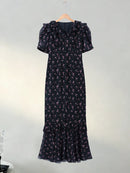 Flying Sleeve Ruffle Striped Slip Long Dress Women Elegant Square Collar Waist Cinching Pleat Party Dresses Chic Ladies Vestido