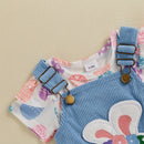 Toddler Girls Floral Print Romper and Ruffle Sleeve Dress Set with Bunny Ear Headband Summer Outfit for Easter