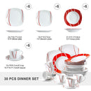 MALACASA Series Felisa 30 Piece Red Stripes Ivory White Porcelain Dinner Set with 6 Piece Cups Saucers Dessert Soup Dinner Plate