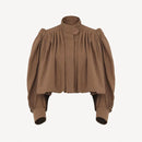 Fashion Stand Collar Short Jacket Women Long Puff Sleeve Single-breasted Pleated Women's Coat 2025 Autumn Lady Outwears Street