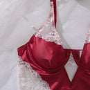 Ellolace Sexy Deep-V Neck Satin Dress Sexy Lingerie Lace Patchwork Split Sissy Night Dress Women Slip Dress Silk Nightwear