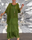 Female Elegant Floral Print Chiffon Boho Long Dress Spring Round Neck Women Pullover Dress Half Bat Sleeve Cake Skirt Dress