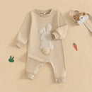 Lioraitiin Baby Girls Boys Easter Rompers Plush Bunny Embroidery Fur Ball Design Crew Neck Long Sleeve Spring Infant Jumpsuit