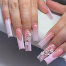 24Pcs Gold French Border False Nails Long Coffin False Nails with Rhinestones Ballerina Full Cover Nail Tips Press on Nails 2030