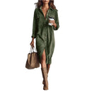 Retro Chic Women Midi Dress Corduroy Fabric Lapel Collar Popular Button Front Loose Fit Long Sleeve Comfy Casual Daily Outfit