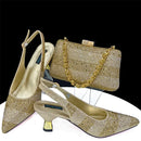 Venus Chan High Heels Shoes for Women Embroidery Rhinestone Italian Design Gold Color Pointed Toe Shoes and Bags Set Fashio