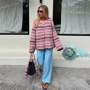 Casual Stripe Scarf Loose Top Women Fashion Full Sleeve O-neck Single Breasted Knitted Coats Female 2026 Autumn Lady Outwears