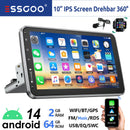 ESSGOO 10英寸安卓14 4+64G 无线Carplay车载音响 可旋转触摸屏 1 DIN GPS导航 蓝牙 FM RDS WIFI USB EQ SWC 麦克风