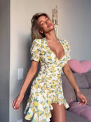 Women Chic Floral Print Bodycon Dress Holiday v-neck Pleated Patchwork Flared Sleeve Ruffle 2026 Summer Casual Latest Vestidos