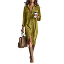 Retro Chic Women Midi Dress Corduroy Fabric Lapel Collar Popular Button Front Loose Fit Long Sleeve Comfy Casual Daily Outfit