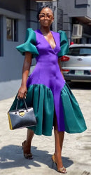 Couture Contrast Color Mid Calf Women Blazer Dresses V-neck Short Puffy Sleeves Fashion Women Dress Many Color Available