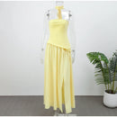 The Aurelian | Butter Yellow Mesh-Spliced Asymmetric Evening Gown